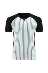 Professional striped basketball referee shirt with black sleeves and white stripes.