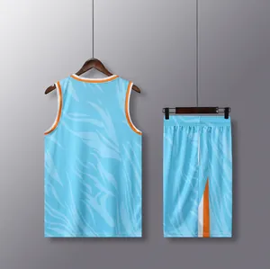 Back view of light blue quick-dry basketball jersey set with orange flame patterns