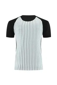 Front view detail of a striped basketball referee shirt with black raglan sleeves.