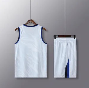 Detailed rear view of white quick-dry basketball jersey set with abstract blue pattern