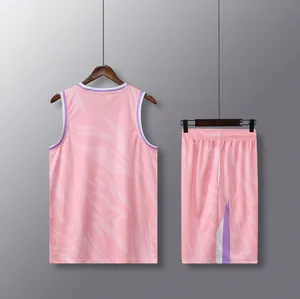 Back view of pink quick-dry basketball jersey and shorts set with stylish purple trim.