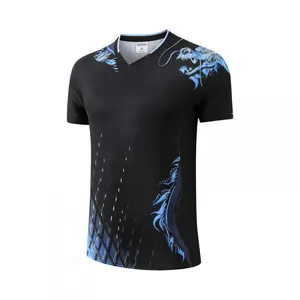Detailed view of a black table tennis jersey with blue dragon graphics and V-neck.