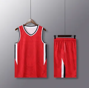 Detail view of red men's quick-dry basketball jersey and shorts set with tiger print
