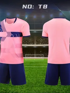 Professional pink and navy blue soccer jersey set for kids with front and back views.