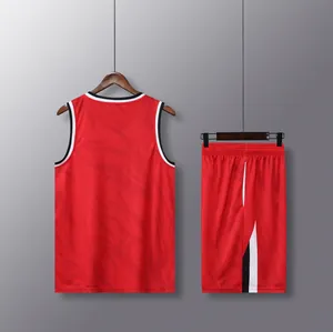 Detailed back view of red athletic basketball uniform with contrast stripe details