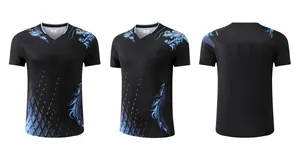 Detailed views of breathable black table tennis T-shirt with blue dragon print design