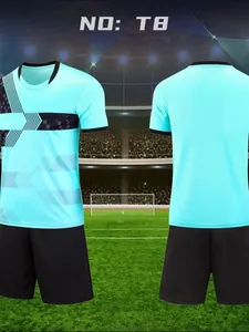 Vibrant cyan and black football kit with short sleeve jersey and shorts for soccer training