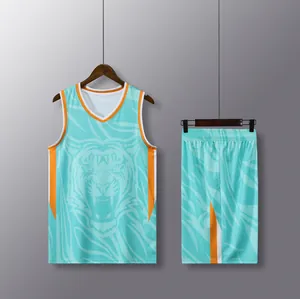 Close-up of mint green quick-dry basketball jersey set with fierce tiger print design