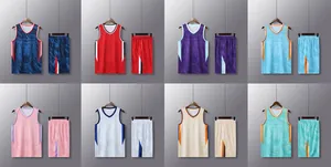 Detail showing multiple colors of quick-dry men's basketball sets with tiger prints