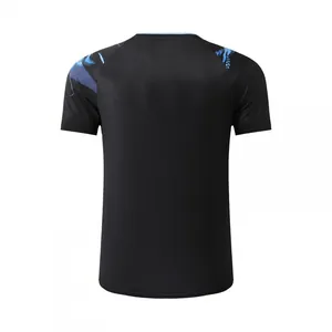 Detailed rear view of a black breathable table tennis jersey featuring blue shoulder patterns