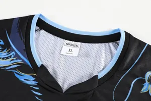 Close-up of the V-neck collar and breathable mesh fabric of a black sports jersey