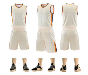 Multi-angle views of men's quick-dry basketball jersey set and matching athletic shoes