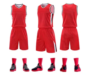 Detailed view of red men's quick-dry basketball uniform set and matching shoes