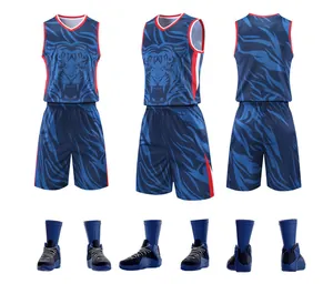 Multi-angle view of blue basketball jersey set with tiger print and matching socks