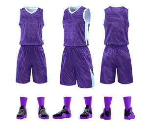 Detailed view of purple tiger print basketball uniform set with matching socks and shoes.