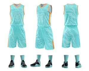 Front side and back views of turquoise quick-dry basketball jersey and shorts set