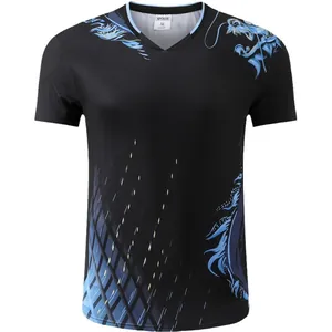 Men's black table tennis jersey with blue dragon pattern, breathable V-neck shirt