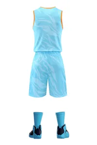 Back view of light blue basketball jersey set with wavy pattern and matching shoes