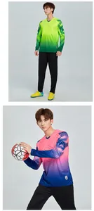 Men's soccer goalkeeper jersey set with long sleeves and padding in gradient green and pink.