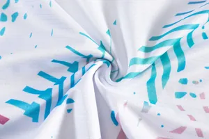 Macro detail of breathable white sports jersey fabric with blue and pink patterns