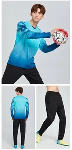 Padded soccer goalkeeper uniform set with blue gradient jersey and black protective pants
