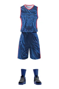Detailed view of blue basketball jersey set featuring fierce tiger print and athletic gear