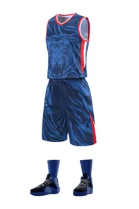 Men's basketball jersey set with stylized tiger head print in blue and red accents