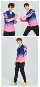 Professional men's soccer goalkeeper set with blue-pink gradient long sleeve top.