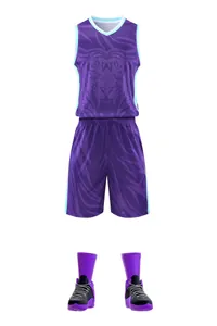 Professional purple quick-dry men's basketball uniform set featuring stylized tiger graphic print