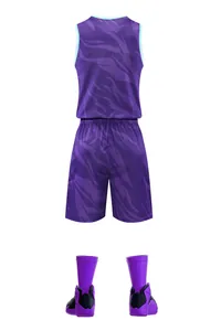 Complete purple men's basketball uniform set featuring jersey, shorts, and leg sleeves