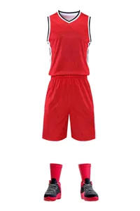 Full detail view of red quick-dry basketball jersey suit with shorts socks and shoes