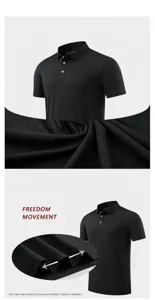 Detailed view of breathable mesh fabric and elasticity of black quick-dry Polo shirt