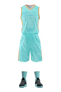Full view of quick-dry cyan basketball jersey set with orange trim and tiger print