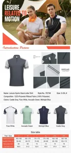 Detailansicht des schnelltrocknenden Sport-Poloshirts mit Stoffdetails und Größentabelle