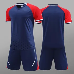 Conjunto de camiseta de fútbol transpirable azul marino y rojo para hombres y jóvenes
