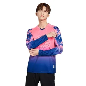 Men's long-sleeve soccer goalkeeper jersey with pink and blue gradient and honeycomb padding