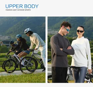 Athletic models wearing long-sleeved half-zip sports shirts during an outdoor cycling scene