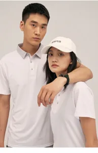 Detail view of breathable white quick-dry sports polo shirt on male and female models