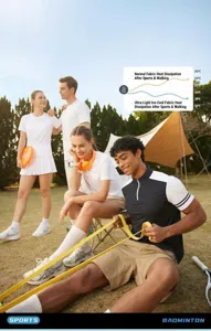 Gruppe von Models in atmungsaktiven, schnelltrocknenden Sport-Poloshirts im Freien
