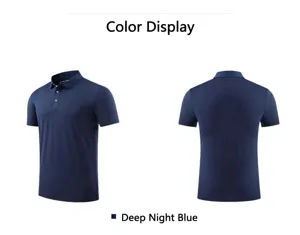 Front and back views of a midnight blue quick-drying breathable sports polo shirt