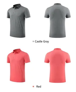 Front and back views of breathable quick-dry sport polo shirts in grey and red colors