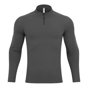 Men's half-zip long sleeve sports T-shirt for running and gym workouts in dark grey color