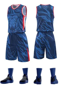 Men's professional quick-dry blue basketball jersey set with tiger print and matching shoes