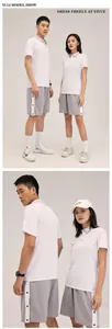 Male and female models wearing breathable white quick-dry sports polo shirts and grey shorts.