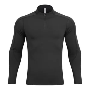 Men's black half-zip long-sleeve sports T-shirt for athletic fitness and outdoor running