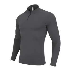 Men's dark grey long sleeve half-zip sports T-shirt for fitness and running