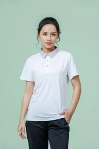 Close-up of quick-dry white polo shirt with grey collar and textured breathable fabric
