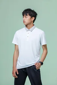 Detailed shot of a breathable quick-dry white polo shirt with grey collar on model