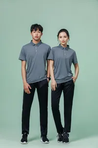 Full body view of quick-dry grey Polo shirt and black sports trousers on models