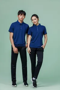 Male and female models in navy blue quick-dry sports Polo shirts with black pants